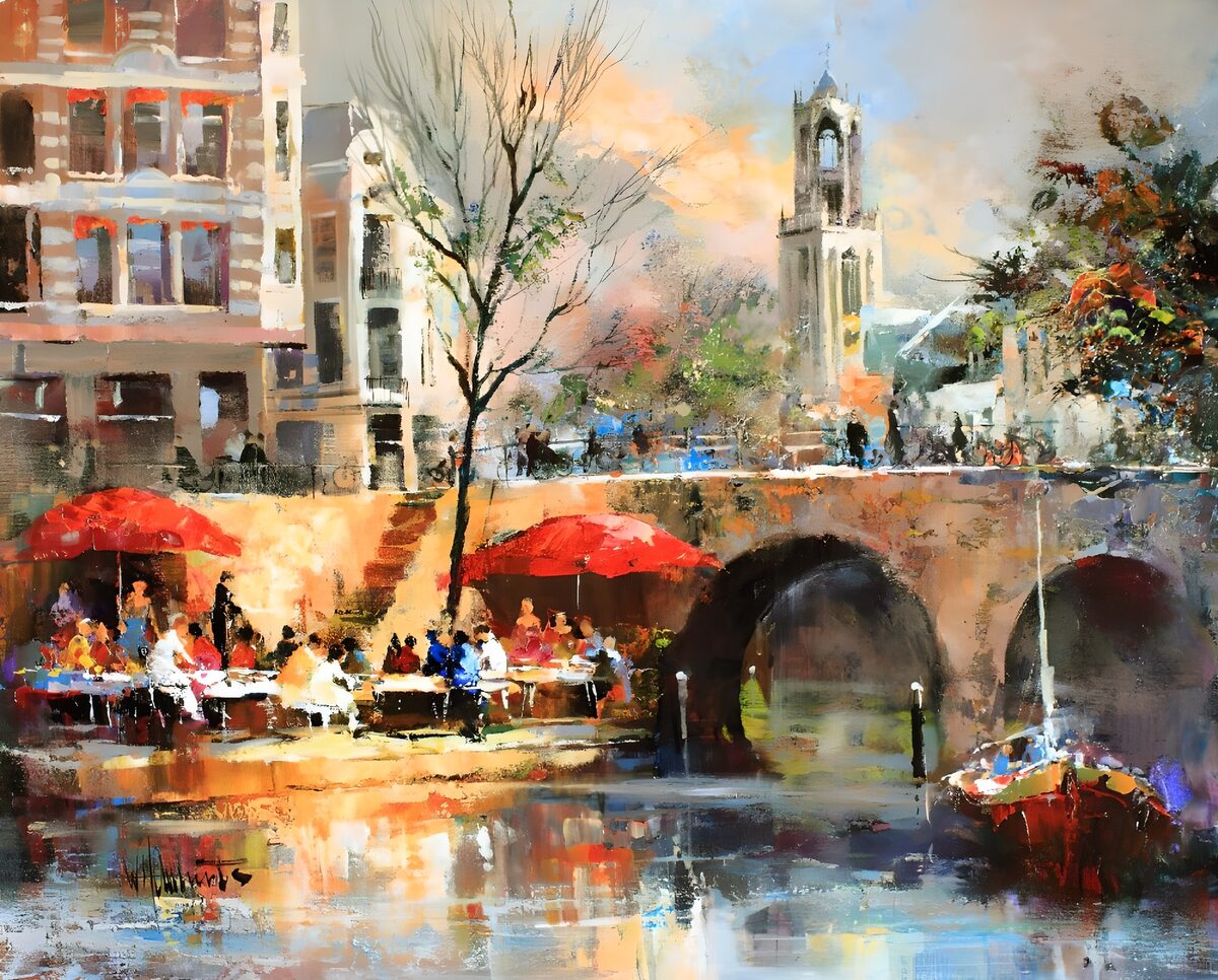 Lively canal café with red parasols