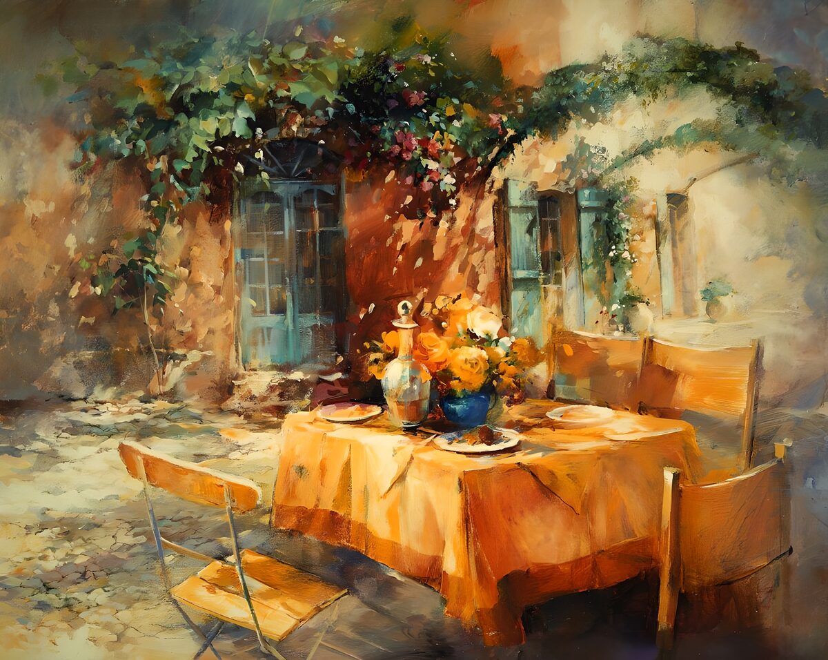 Sunlit courtyard table with flowers