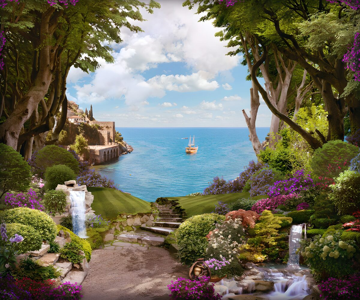 Flower garden overlooking the blue sea