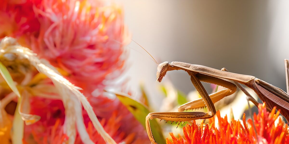 Brown mantis among sunlit red flowers