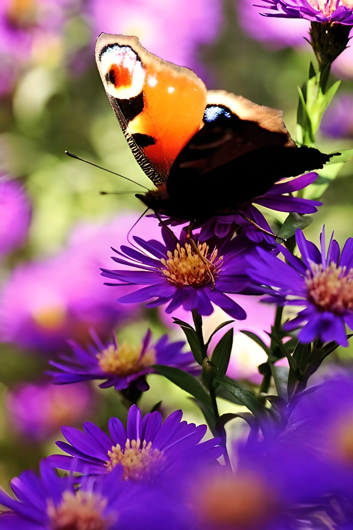 Sunlit peacock butterfly on purple asters