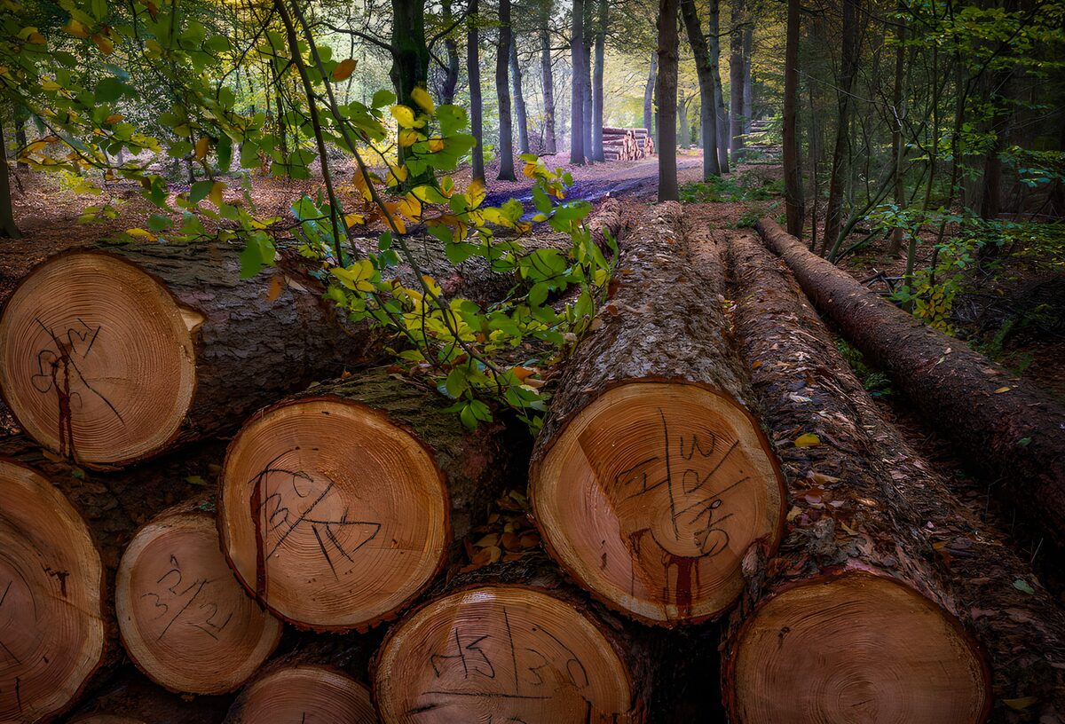 Felled trunks by an autumn woodland path