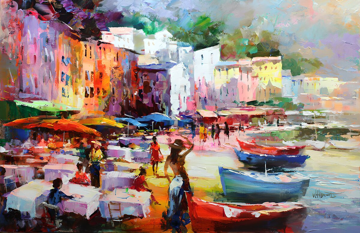 Colourful harbour cafés and boats