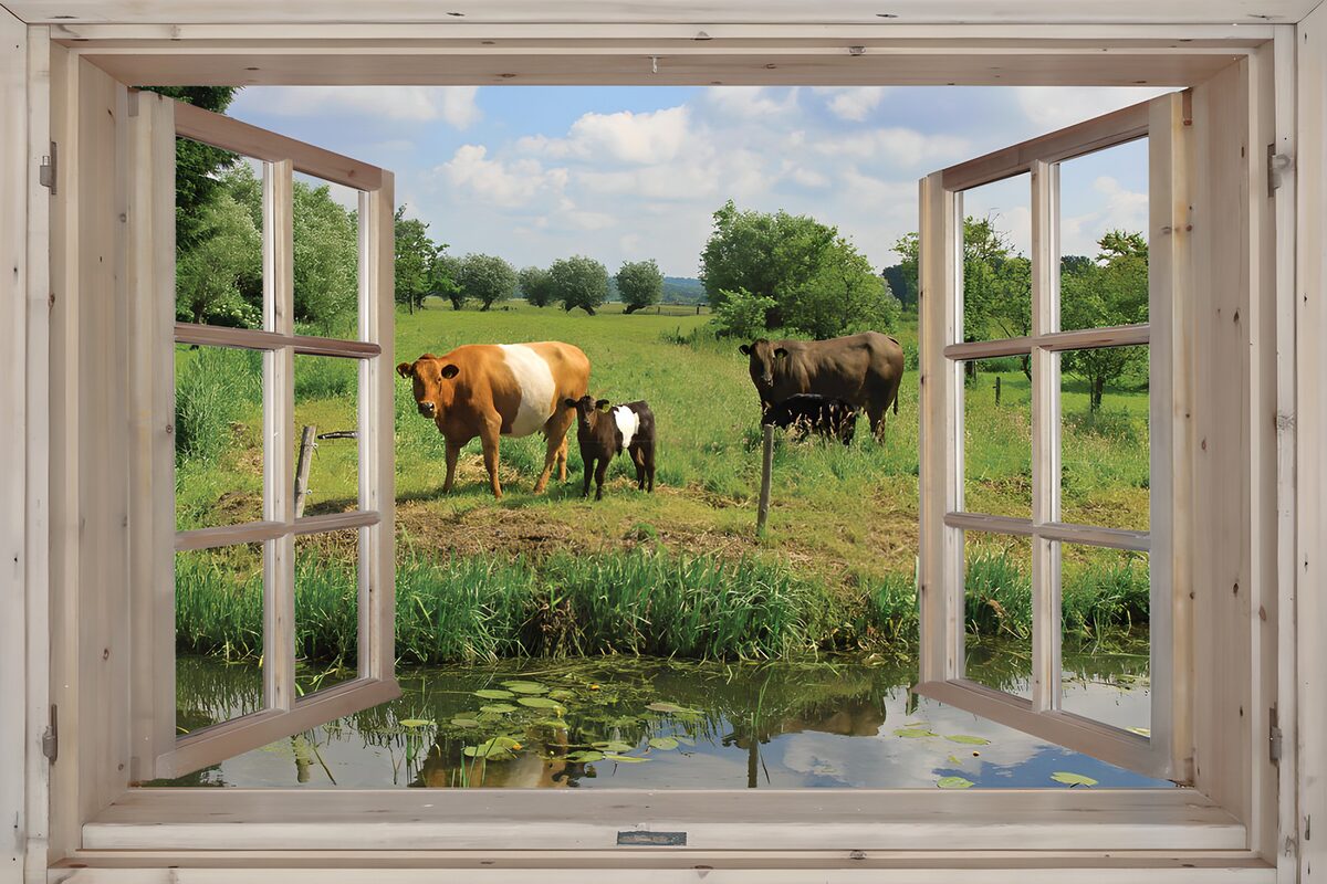 Cows at ease beyond an open window