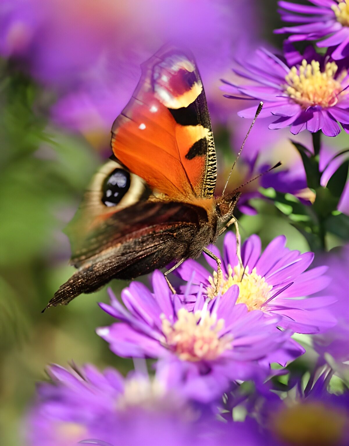 Peacock butterfly on sunlit purple asters