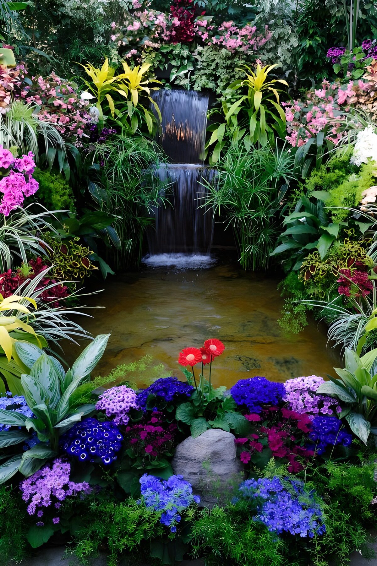 Two-tier waterfall in a flower-filled garden