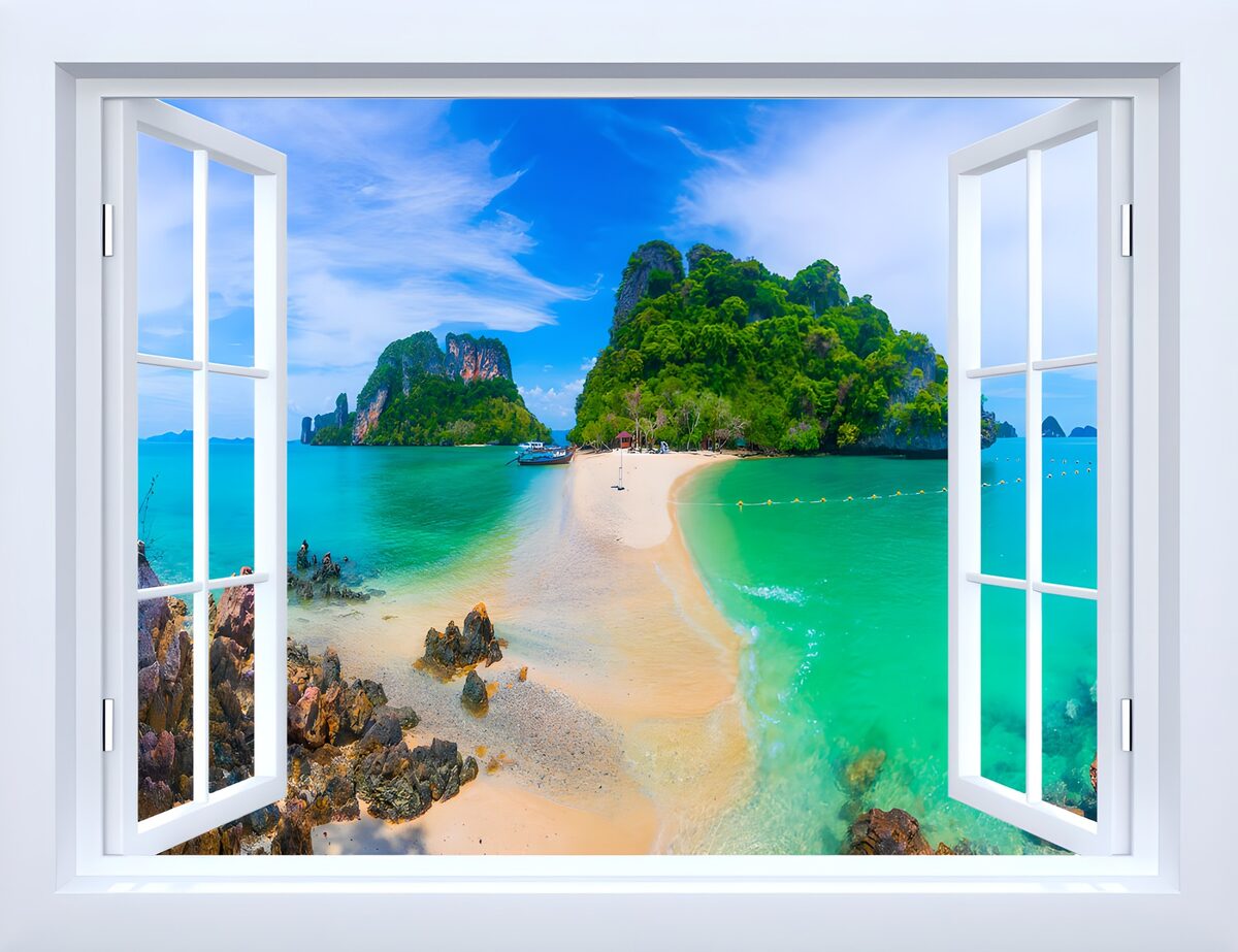 Open window onto a sunlit tropical bay