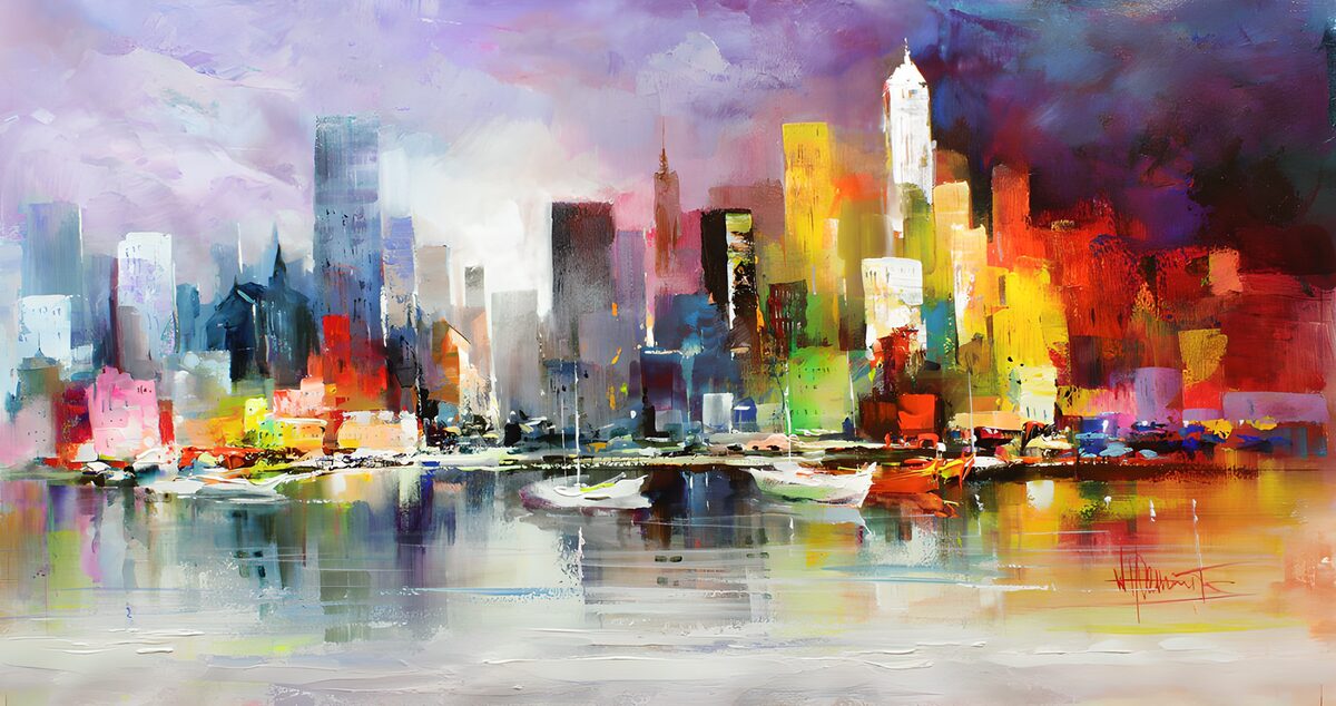 Colourful skyline above harbour boats