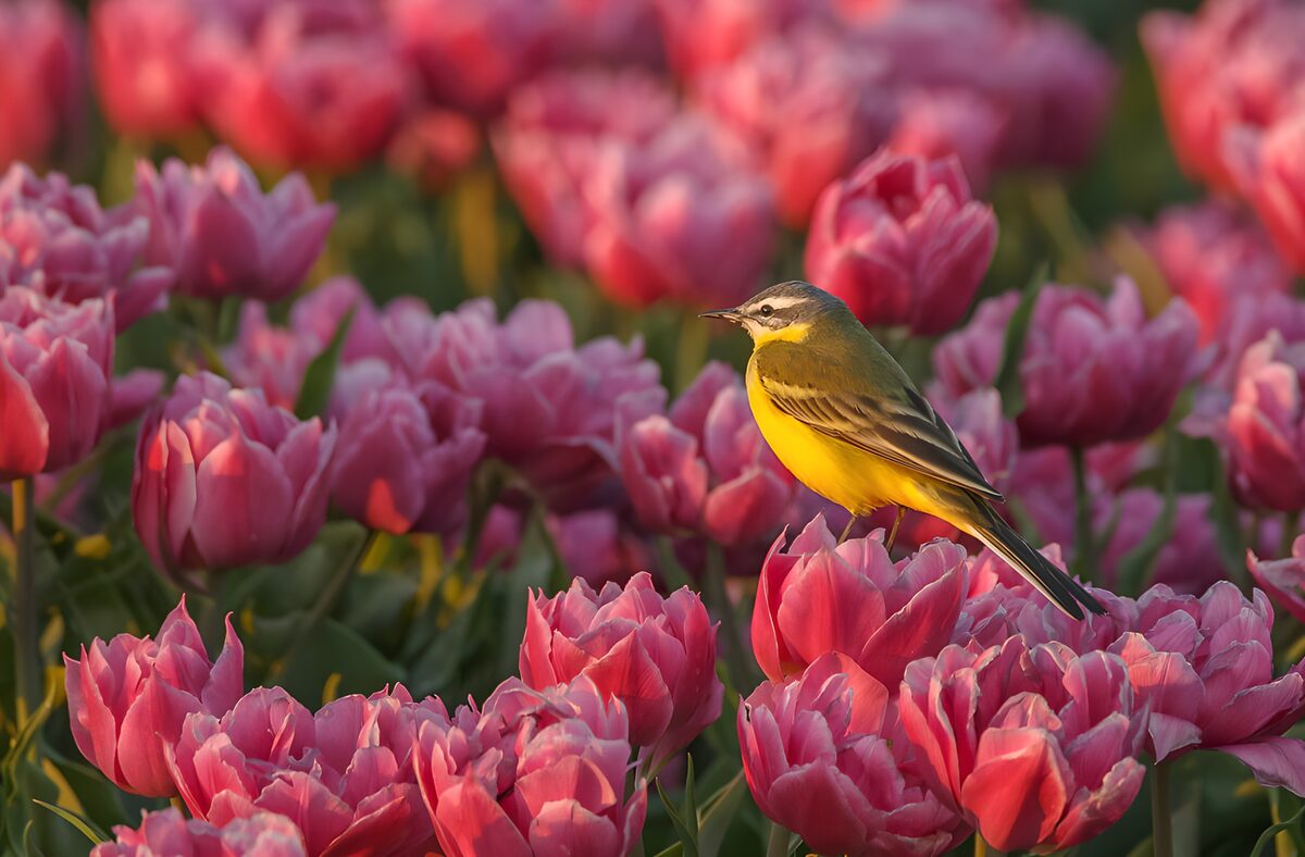 Yellow wagtail on a sunlit pink tulip