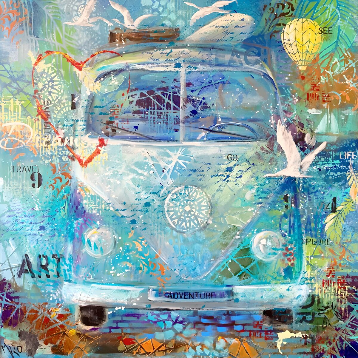 Turquoise camper van collage