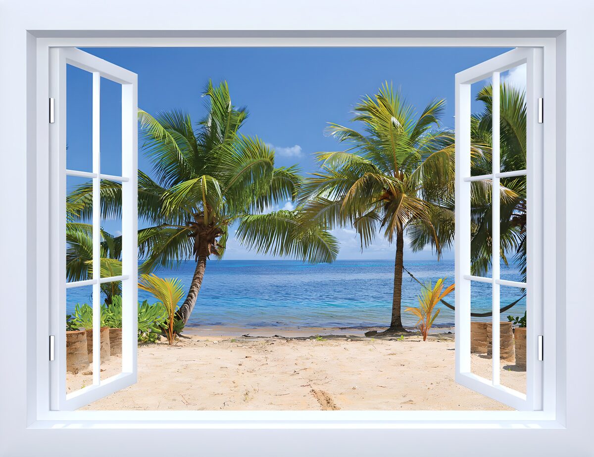 A window where palms meet the sea