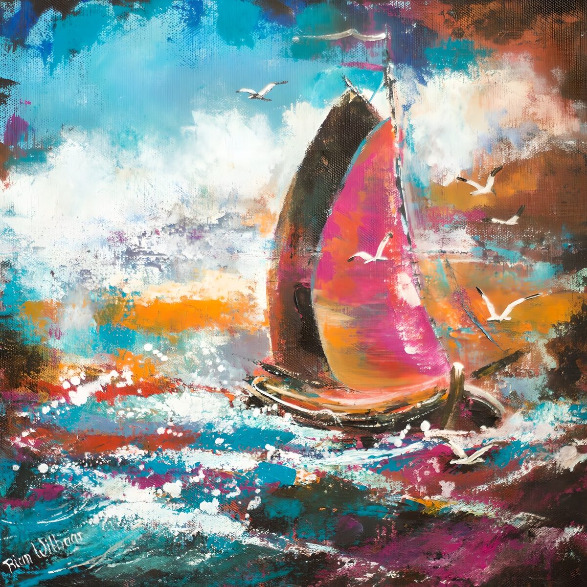 Colourful sailboat on choppy water