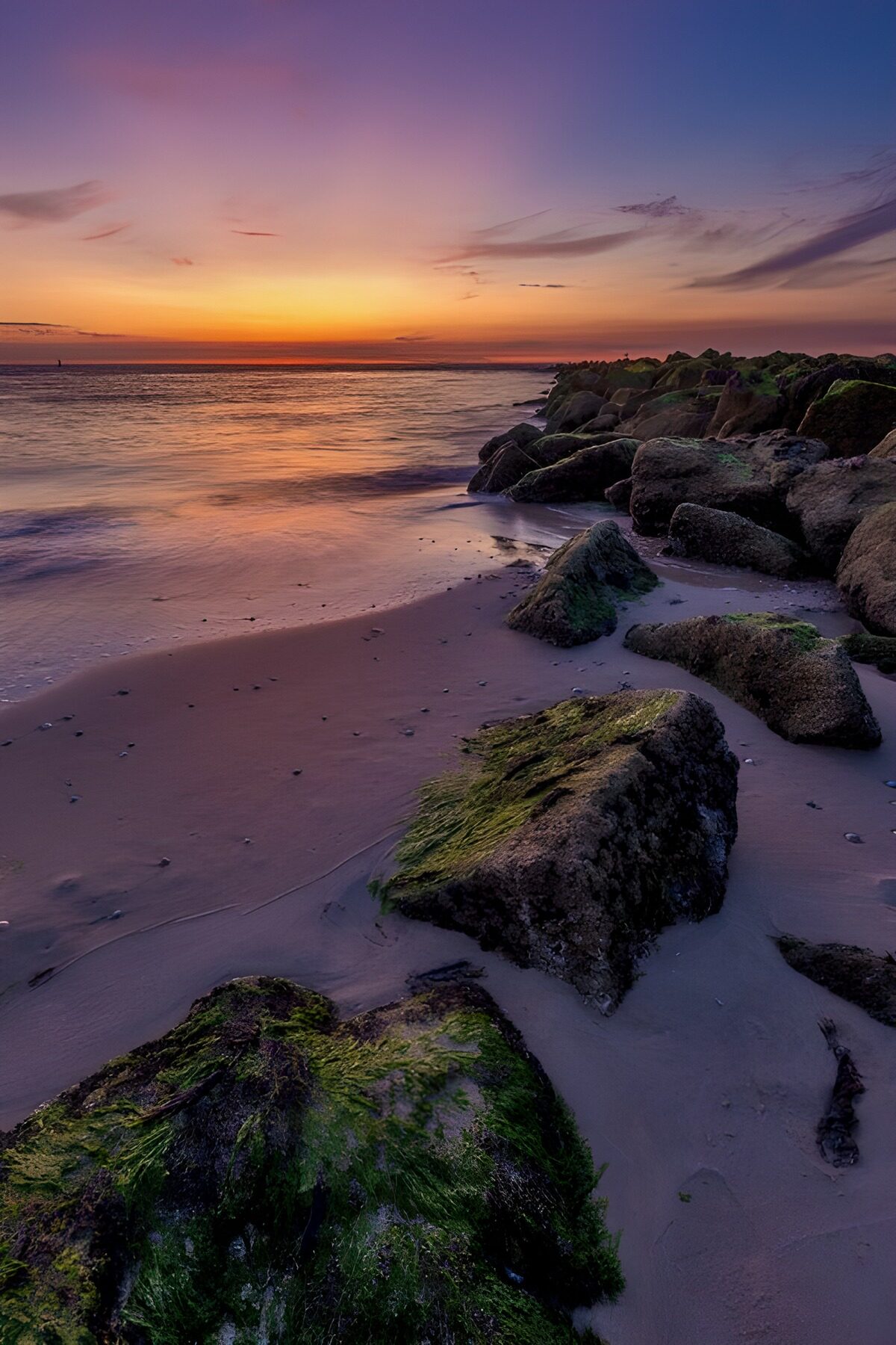 Rocky beach in the sunset glow