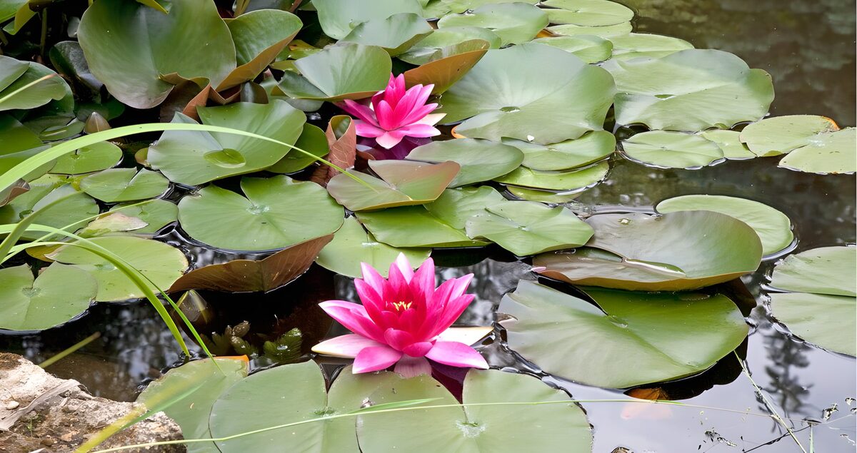 Pink water lilies on a quiet pond