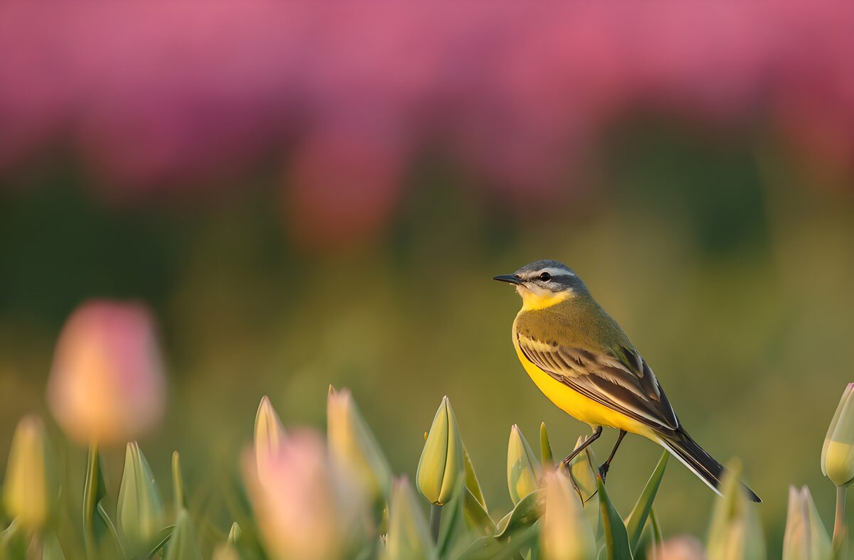 Yellow wagtail among sunlit tulip buds