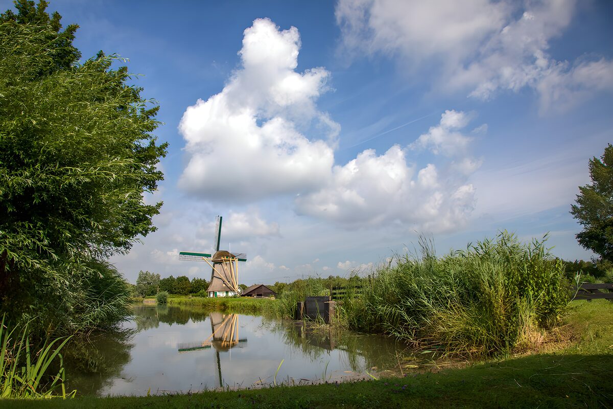 Windmill reflected in still water