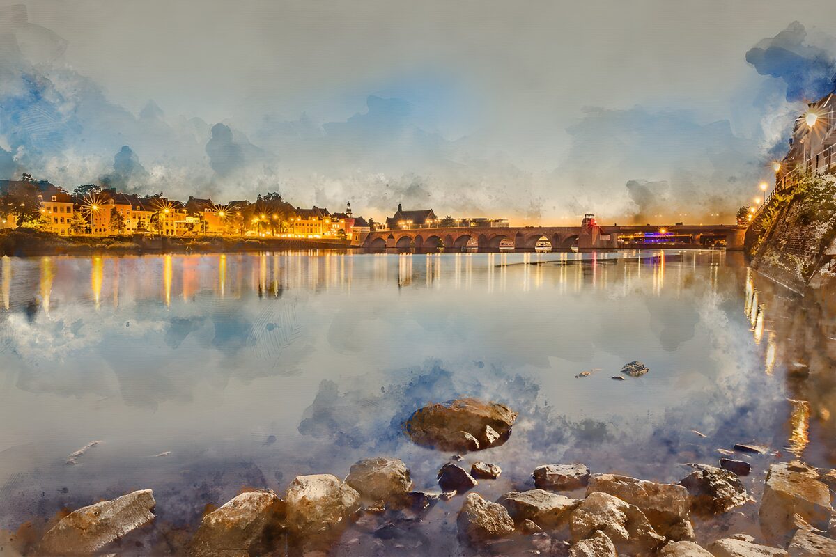 Stone arch bridge at twilight