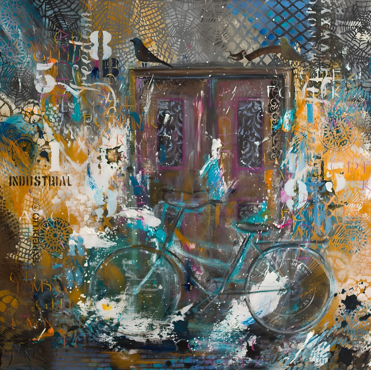 Turquoise bicycle against a graffiti wall
