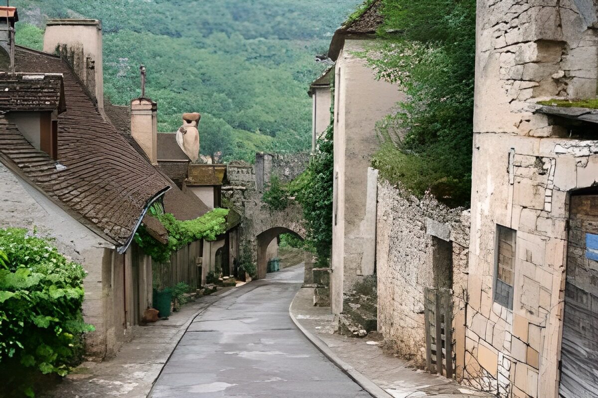 Quiet village lane beneath a stone arch