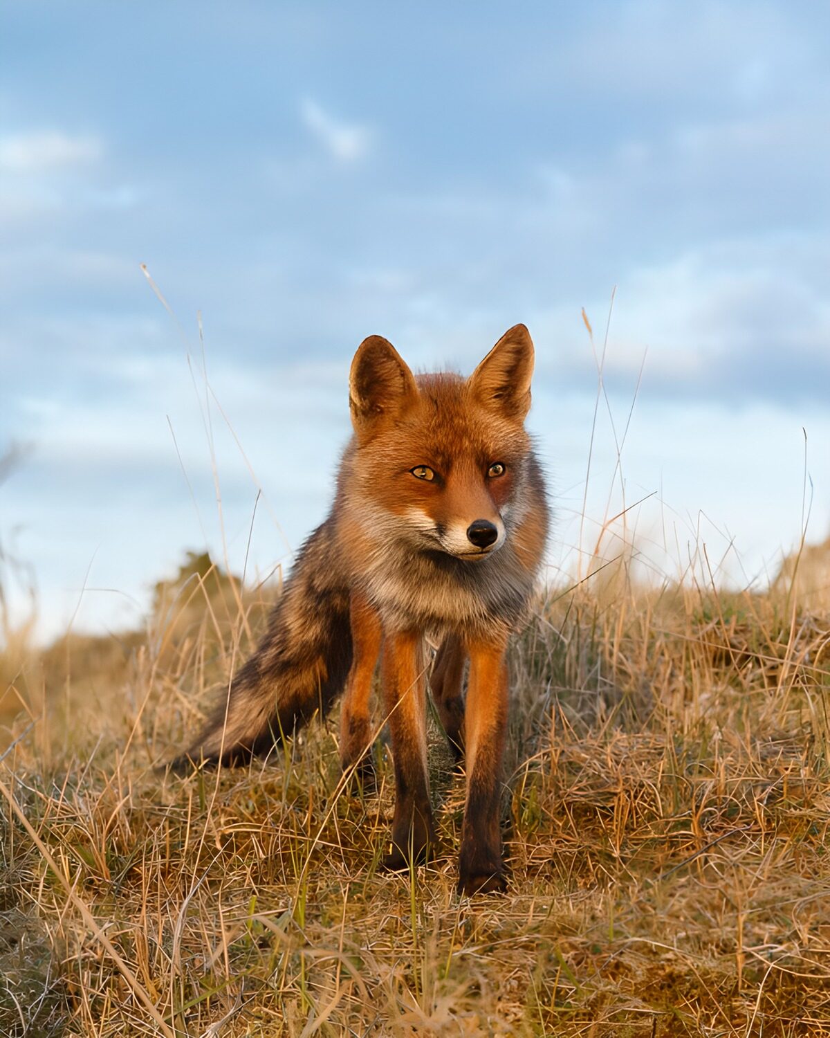 Red fox standing in sunlit grass