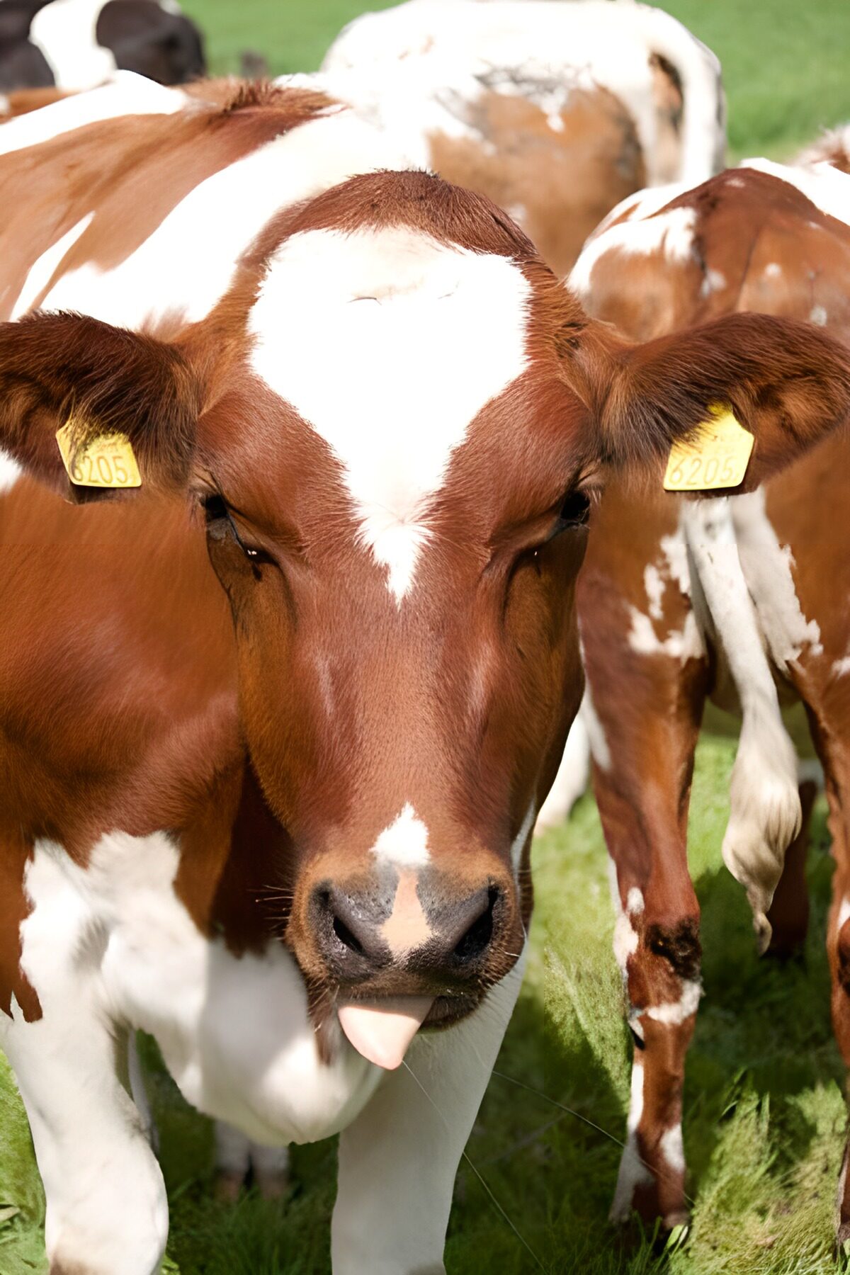 Brown-and-white cow with its tongue out