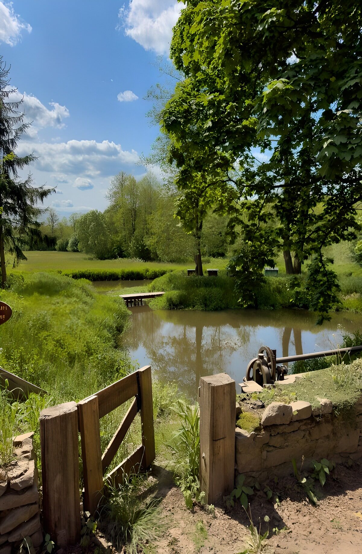 Open gate beside a quiet pond