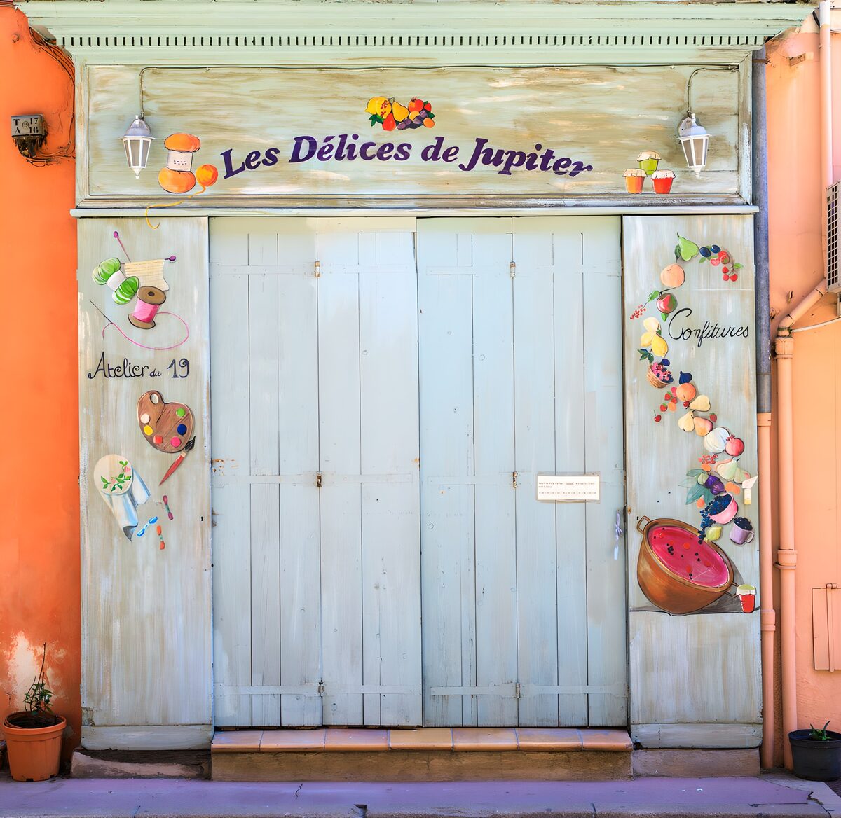 Pastel shutters at the French jam shop