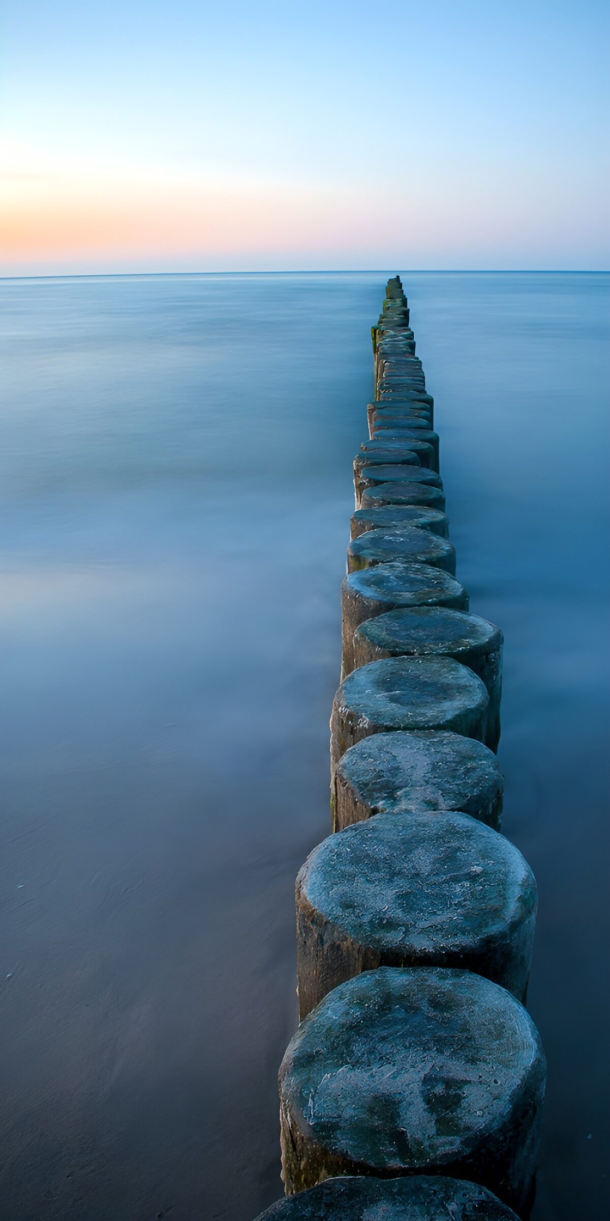 Weathered breakwater posts in calm water