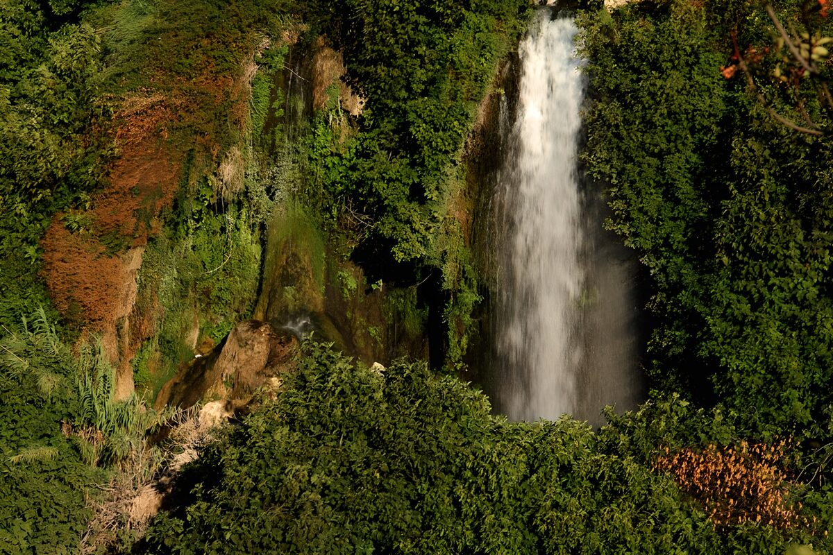 Waterfall beside a moss-covered cliff