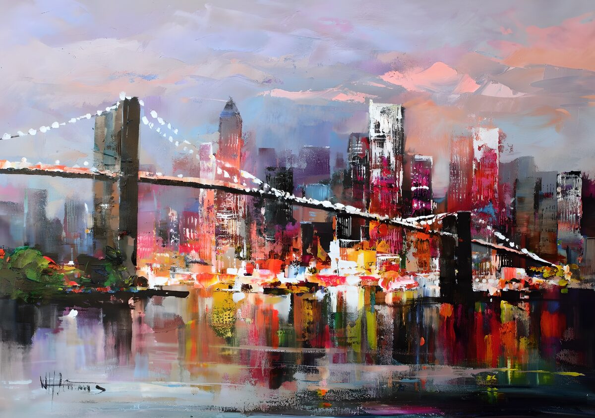 Suspension bridge and skyline at dusk