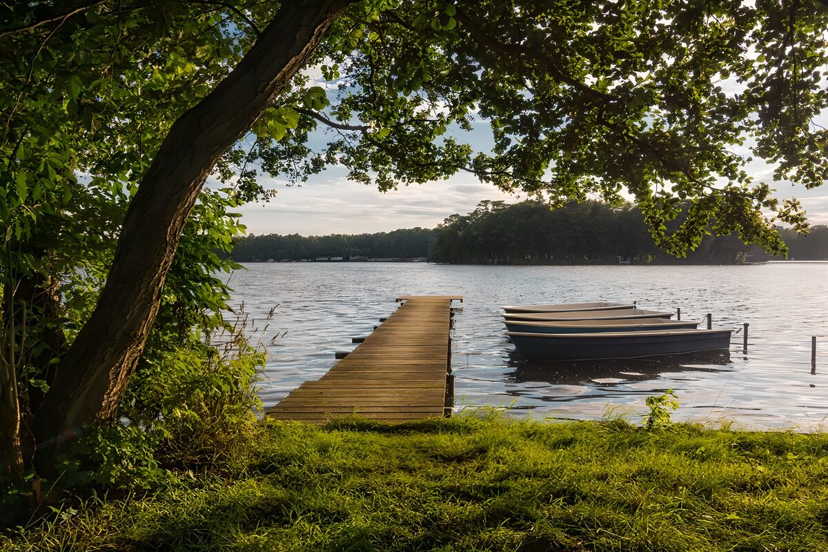 Rowing boats by a sunlit wooden jetty