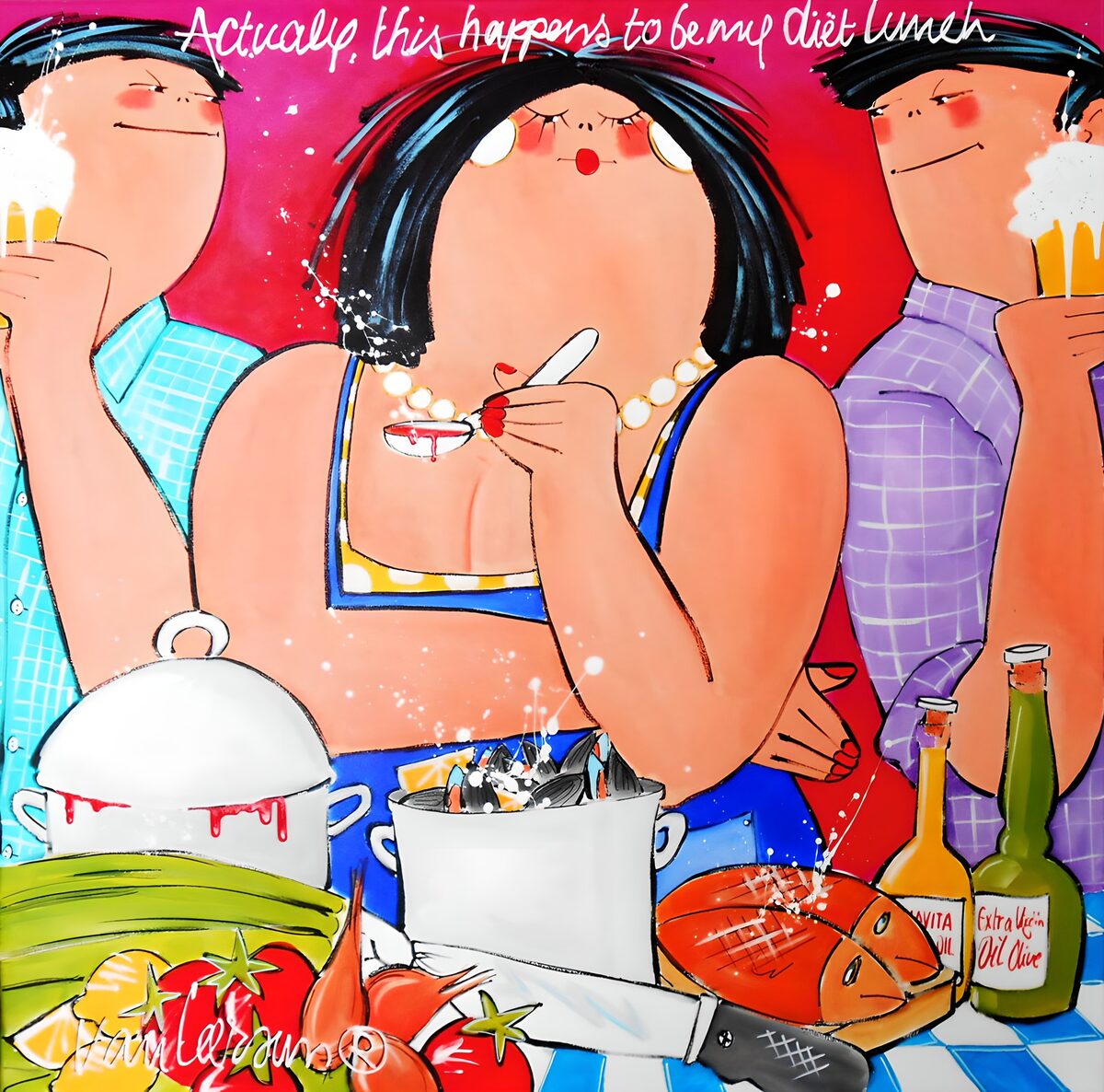 Woman at lunch with two beer drinkers