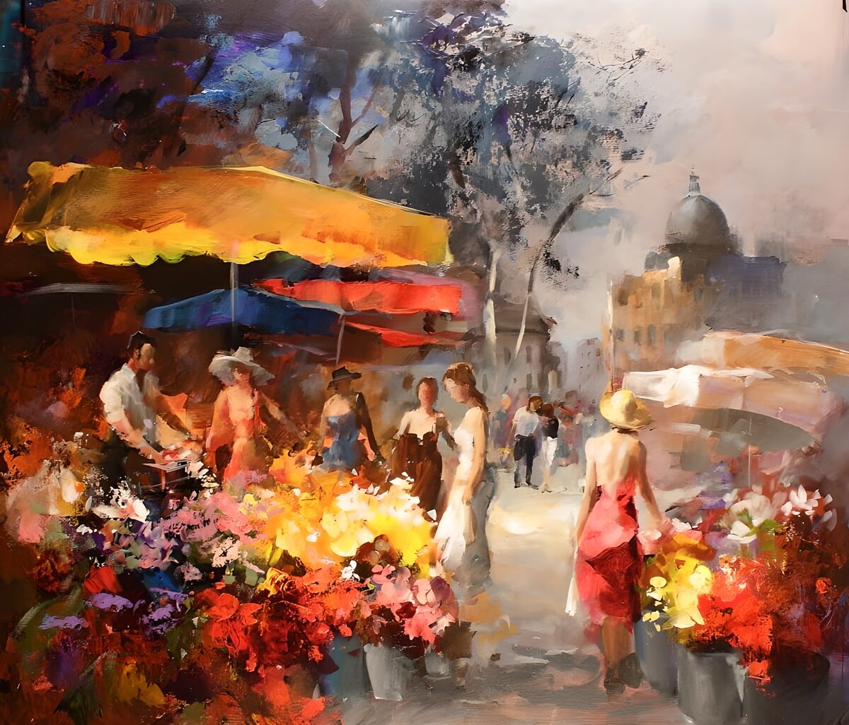 A sunlit street flower market