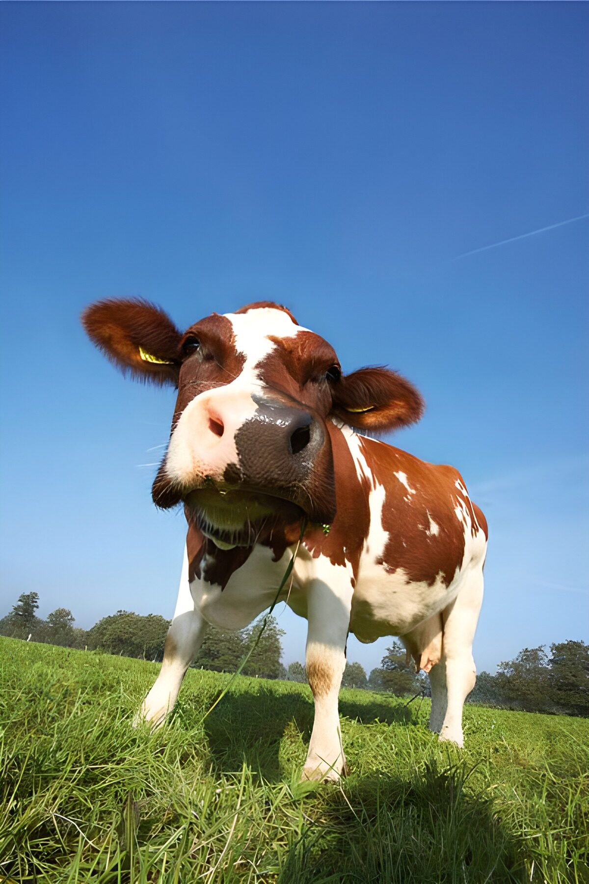 A curious cow in a sunlit pasture