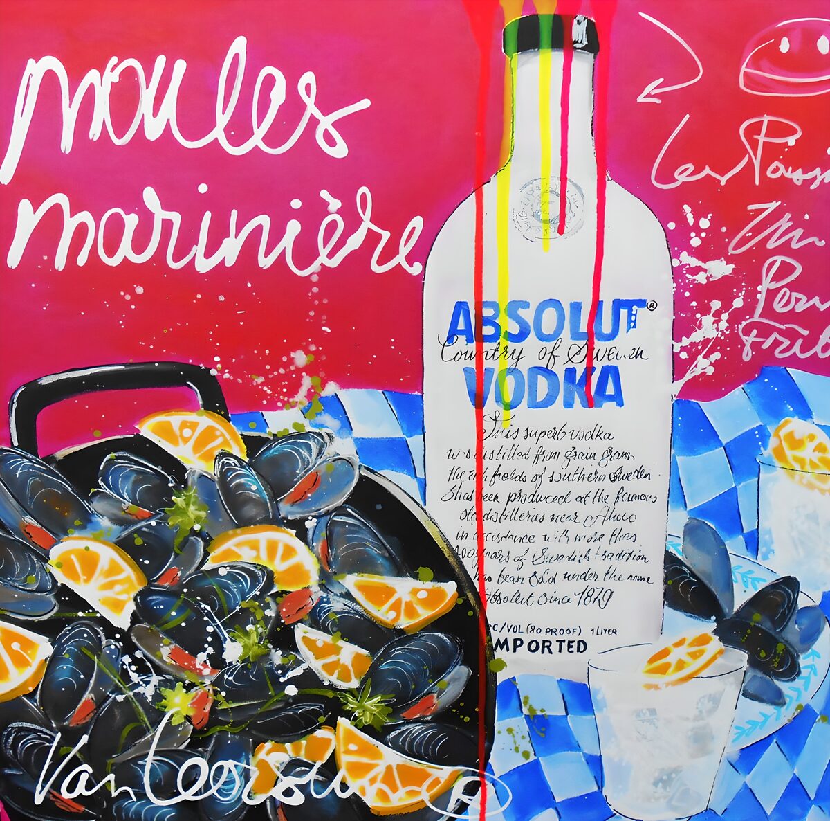 Mussels and a vodka bottle in bold colour