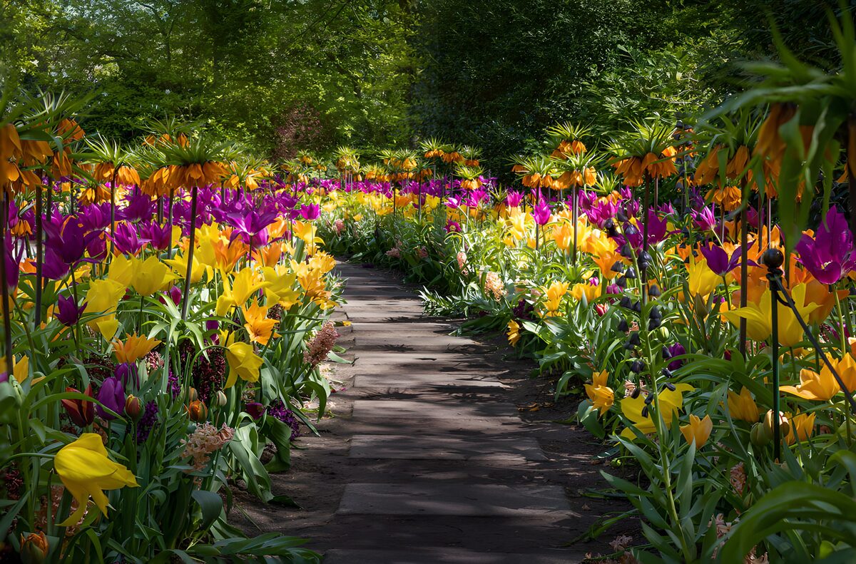Sunlit path with tulips and crown imperials