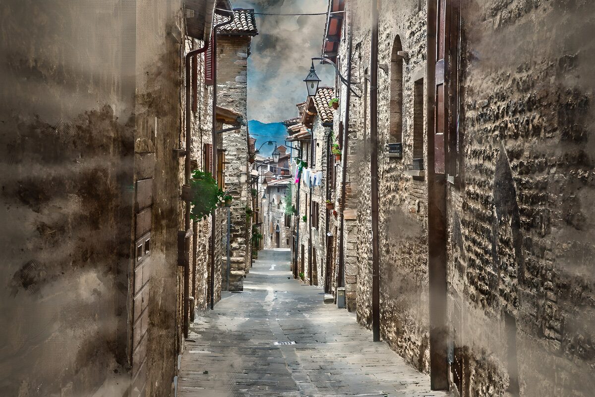 A quiet alley between old stone houses