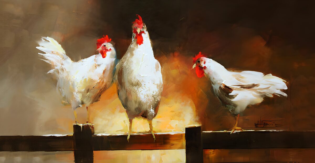 White chickens in a golden glow
