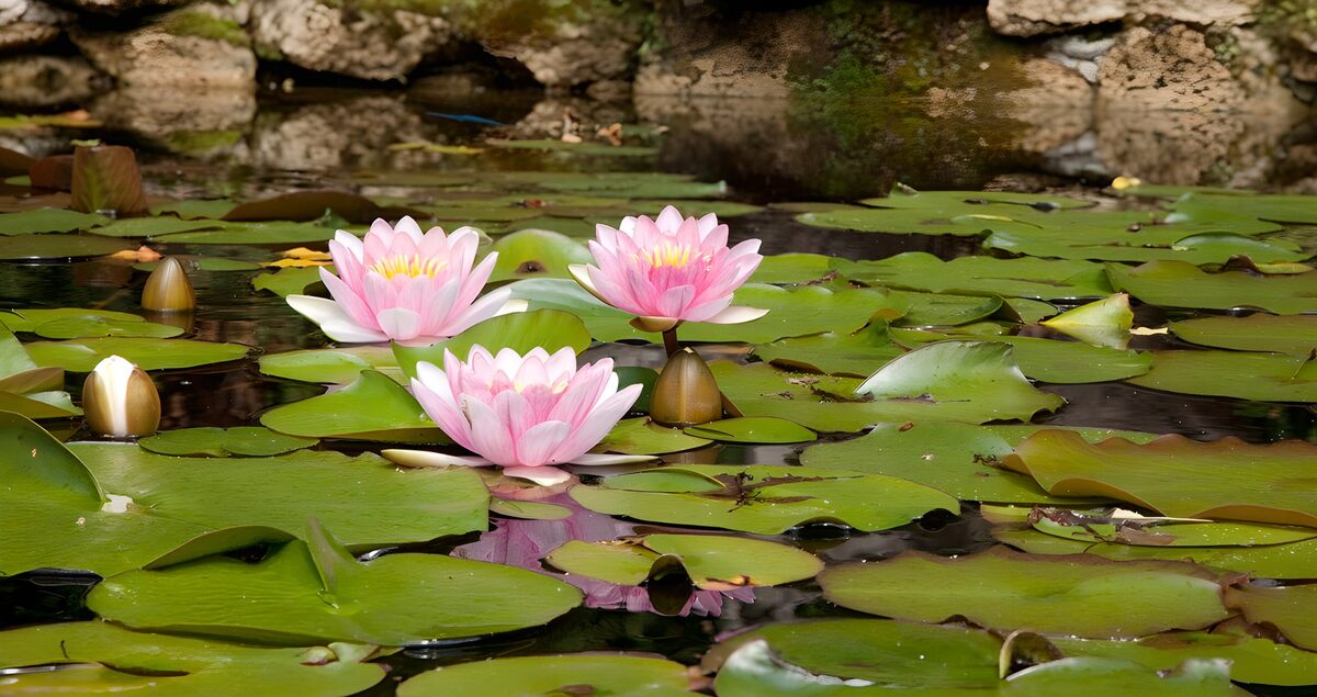 Three pink water lilies on a quiet pond