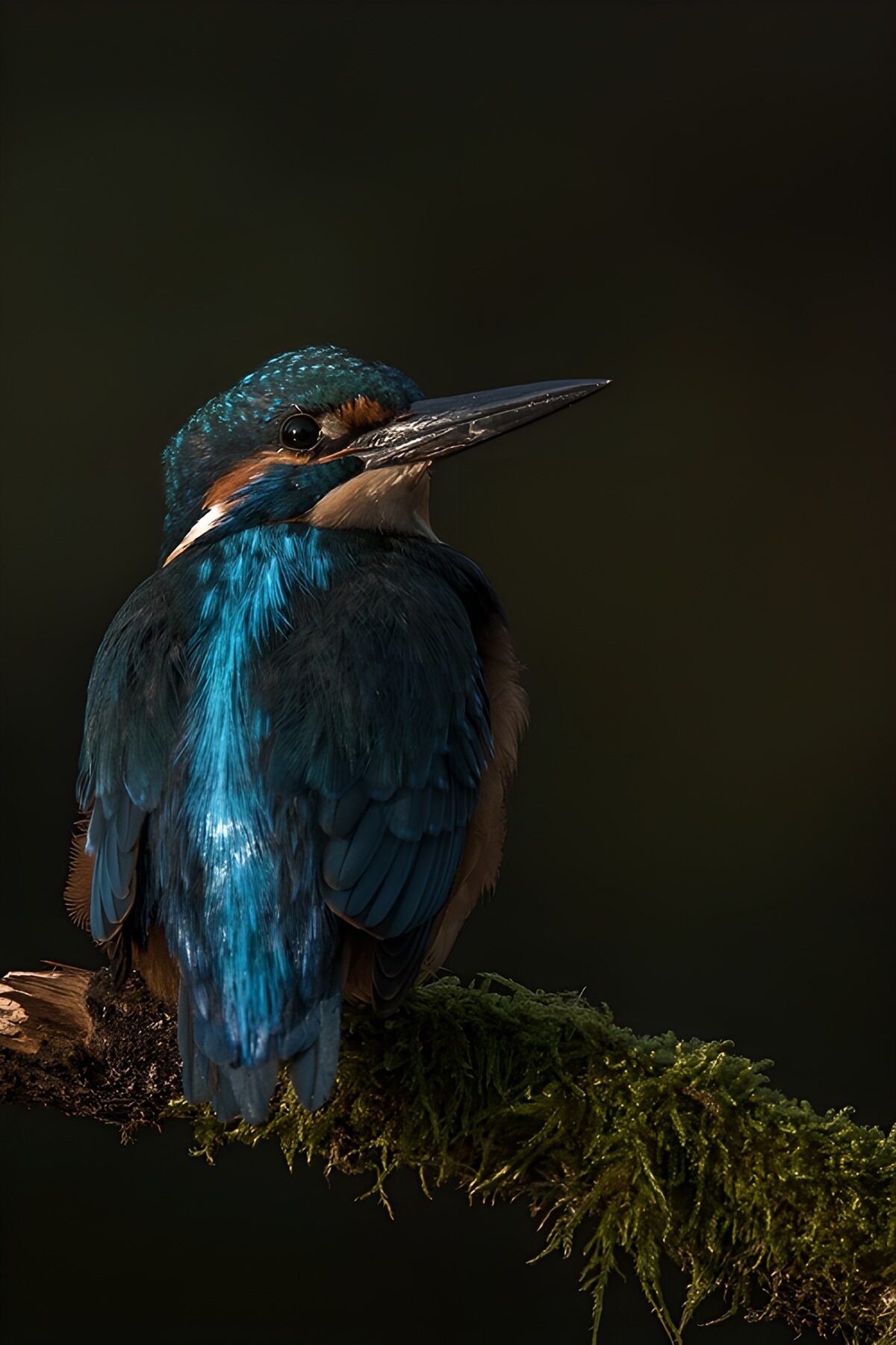 Kingfisher at rest on a mossy branch