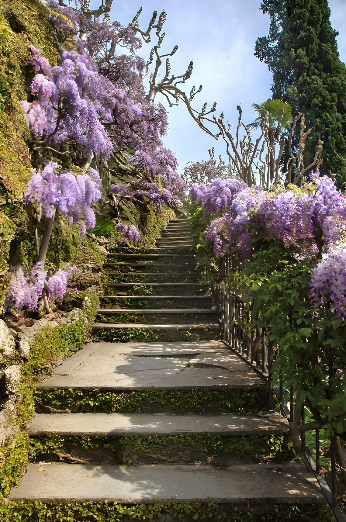 Sunlit stone steps beneath wisteria