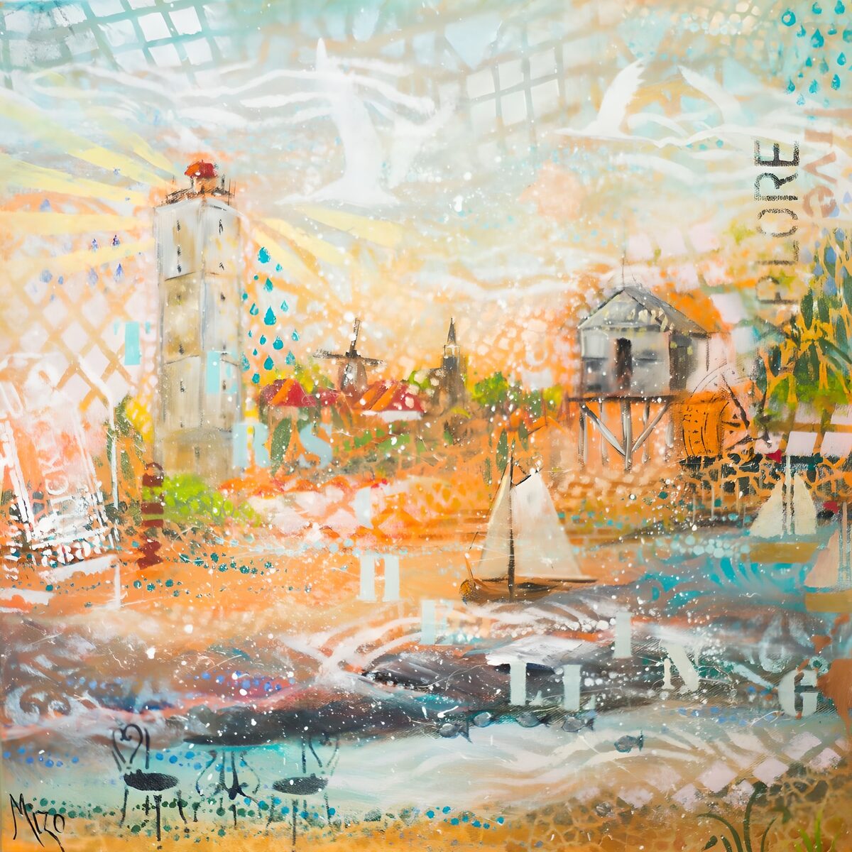 Colourful harbour with lighthouse and sails