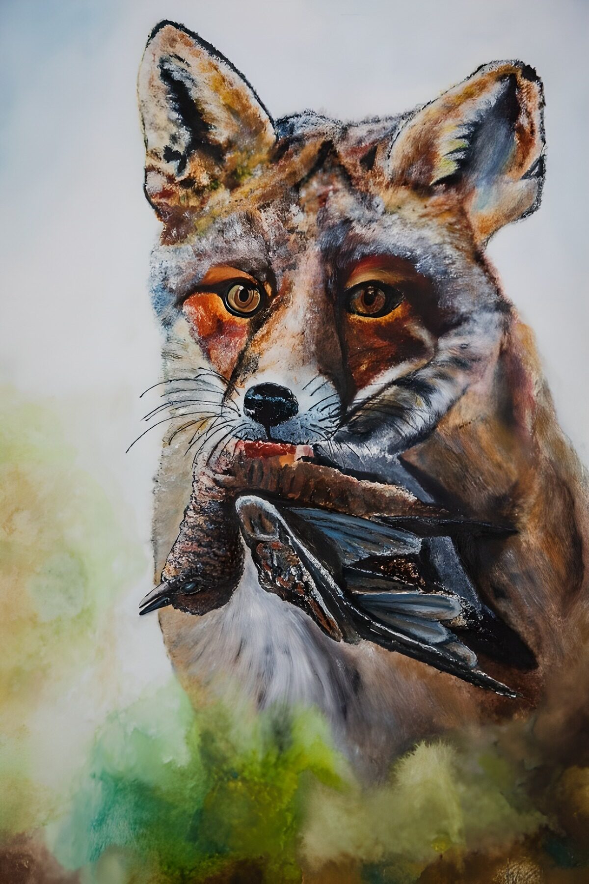 Watchful fox with a bird