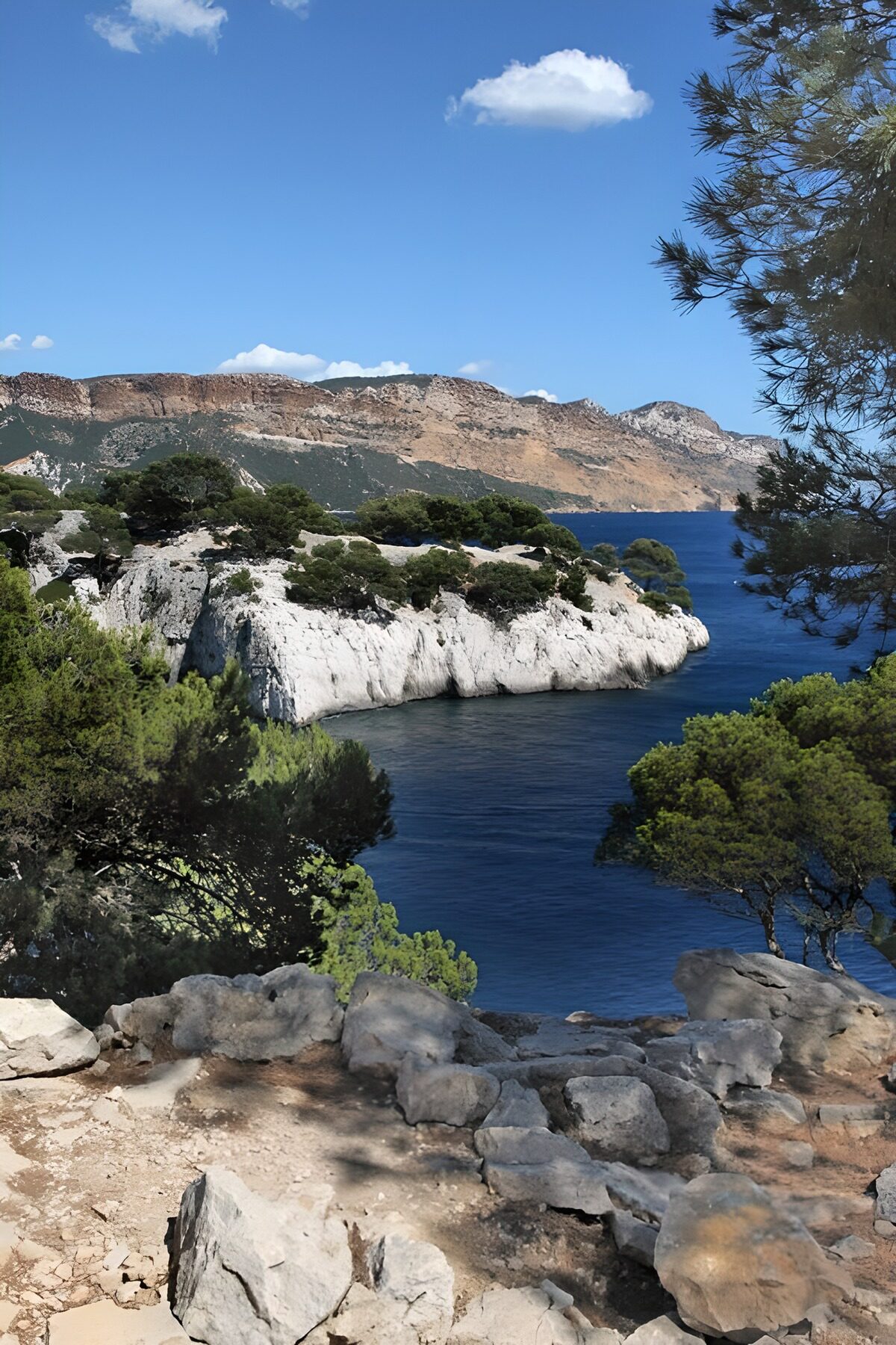 Blue inlet and sunlit white cliffs