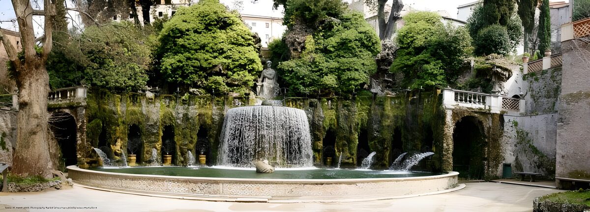 Garden fountain with shadowy arches