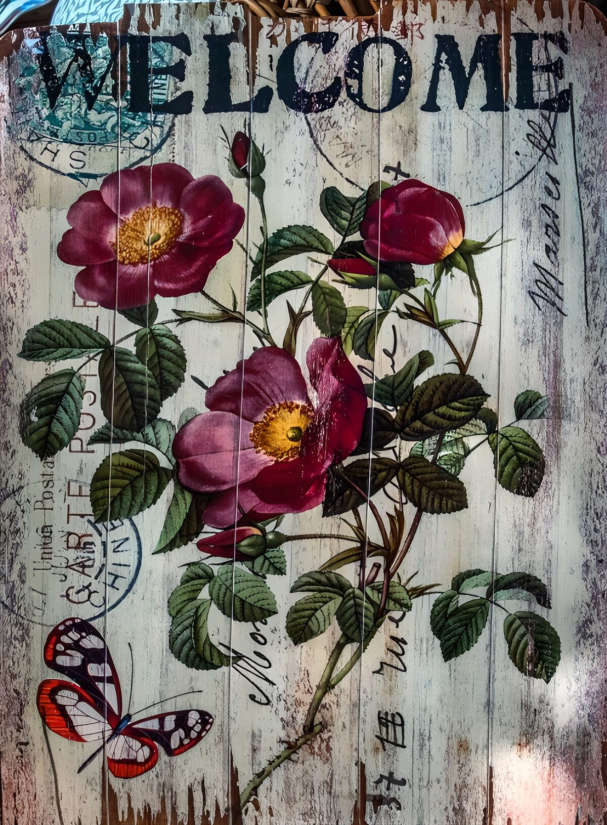 Pink roses and a butterfly on aged wood