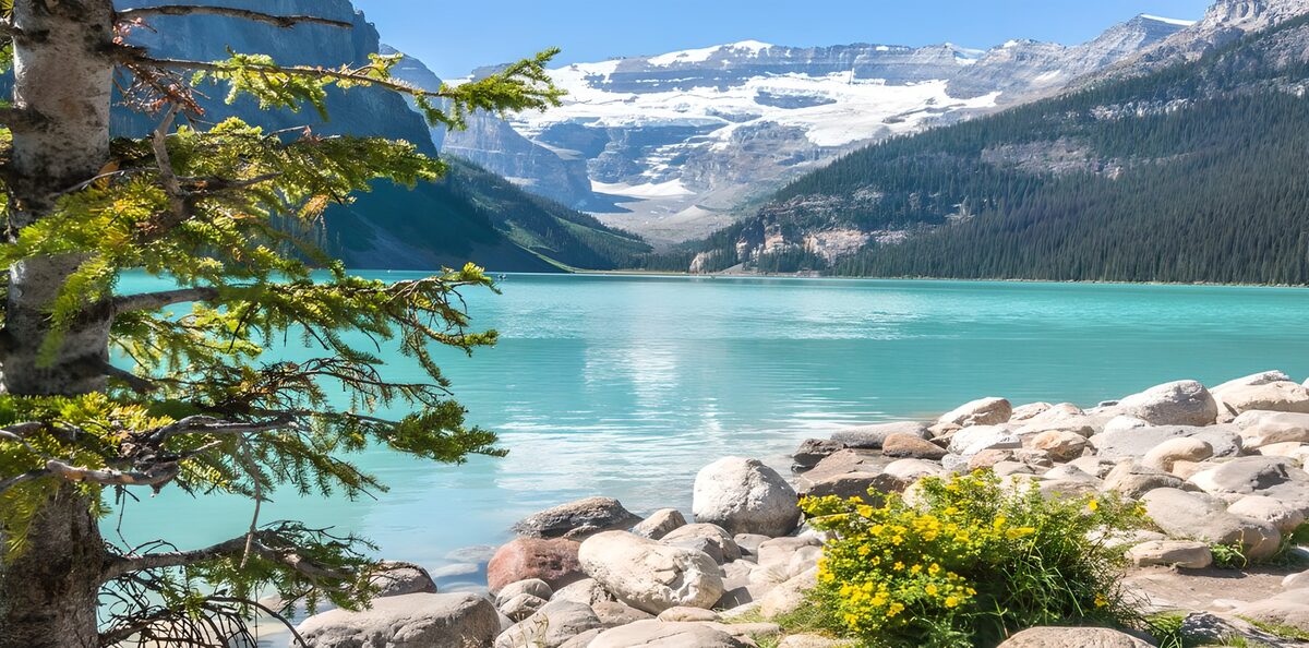 Turquoise lake beneath snowy peaks