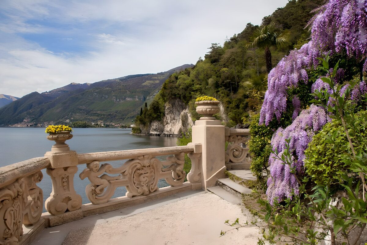 Sunlit terrace above a mountain lake