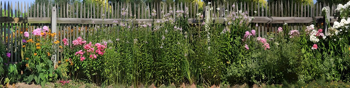 Summer flowers by a weathered picket fence