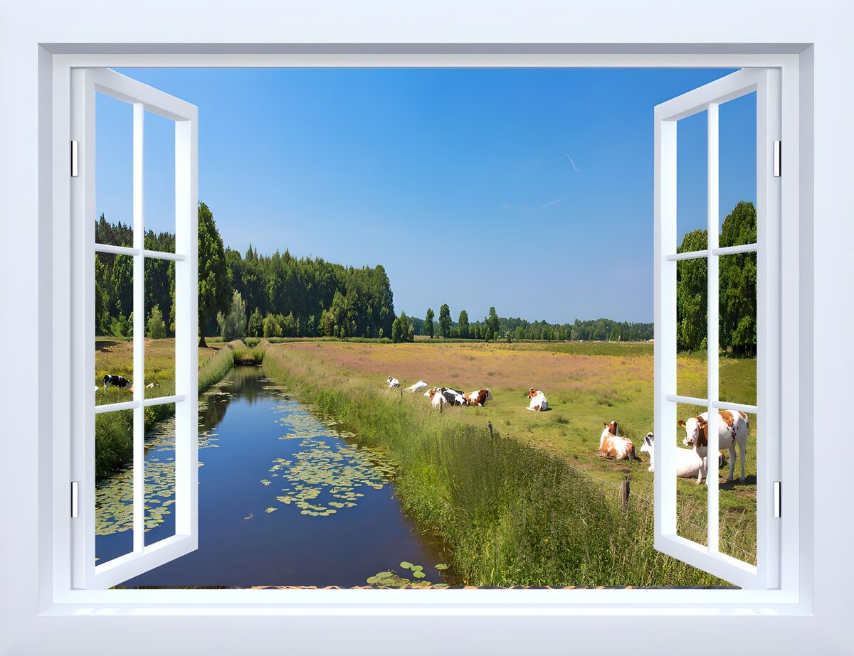 Open window onto a sunlit cattle meadow
